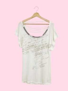 Guess Cream Short Sleeve Graphic Tee with Embellished Scoop Neck